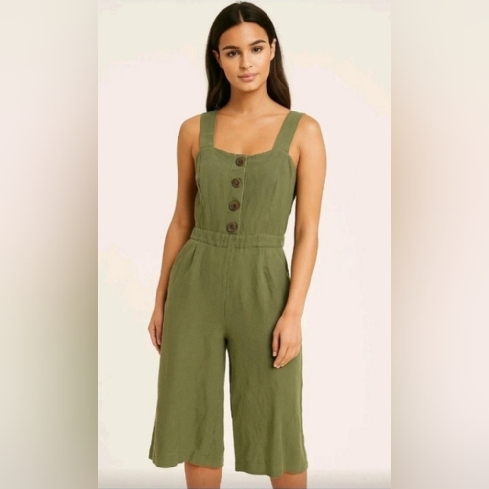 Ann Taylor Factory Womens Green Wide Leg Cropped Linen Blend Jumpsuit 8